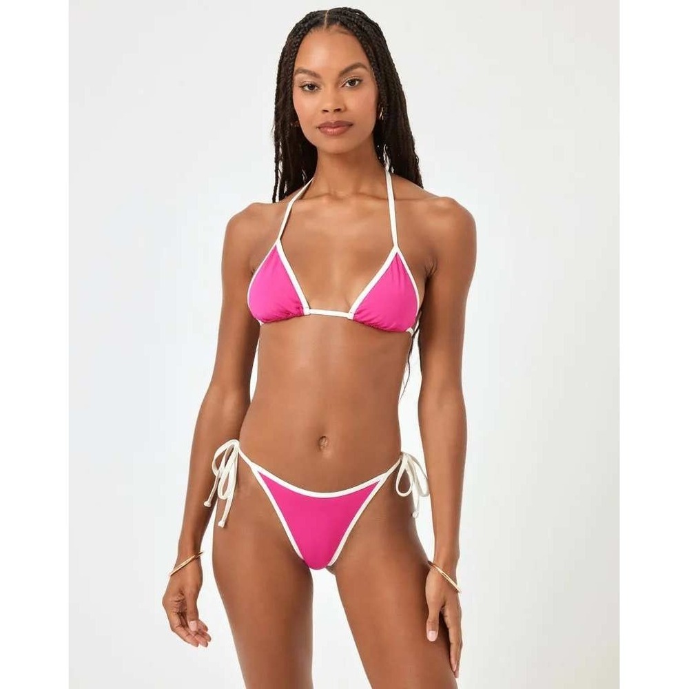 L*Space Levy Bikini Bottom Bitsy Cut Bougainvillea Cream Size Large
